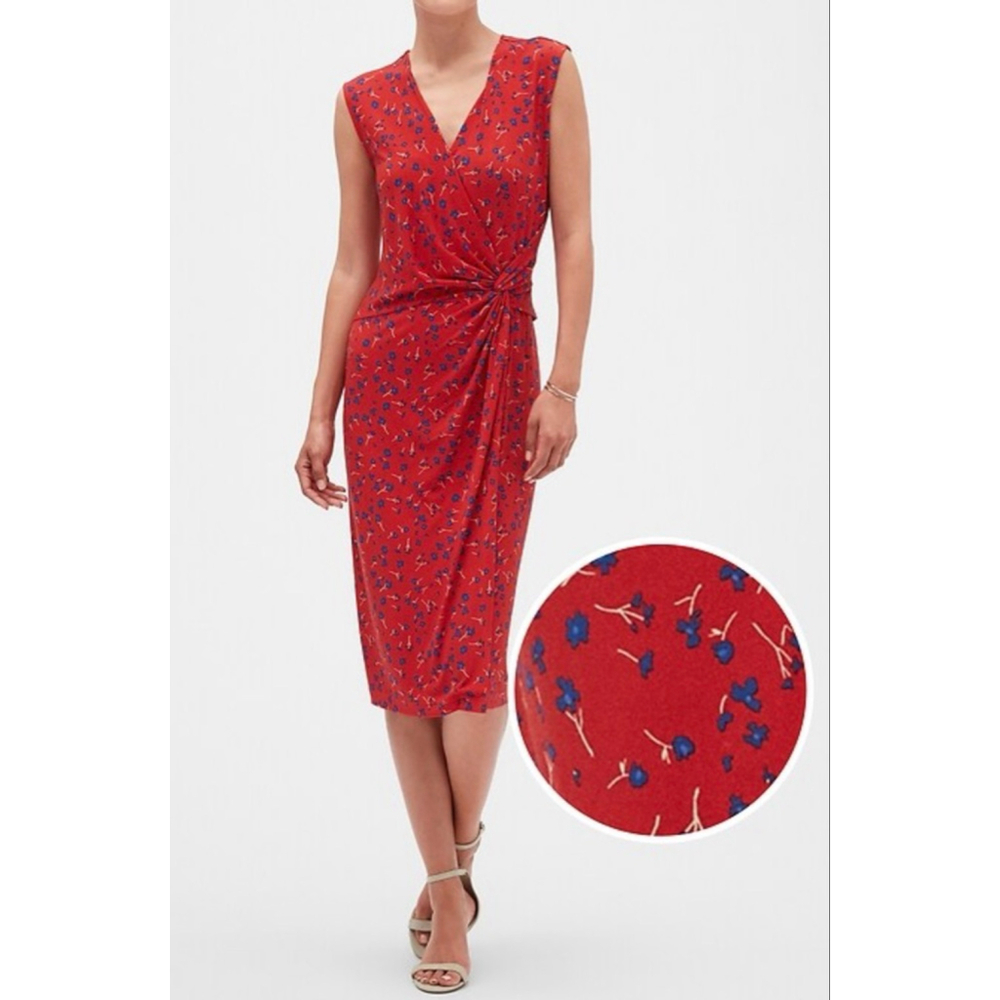 NWT Women's Banana Republic XS Red Blue Floral Print Twist Faux Wrap Midi Dress
